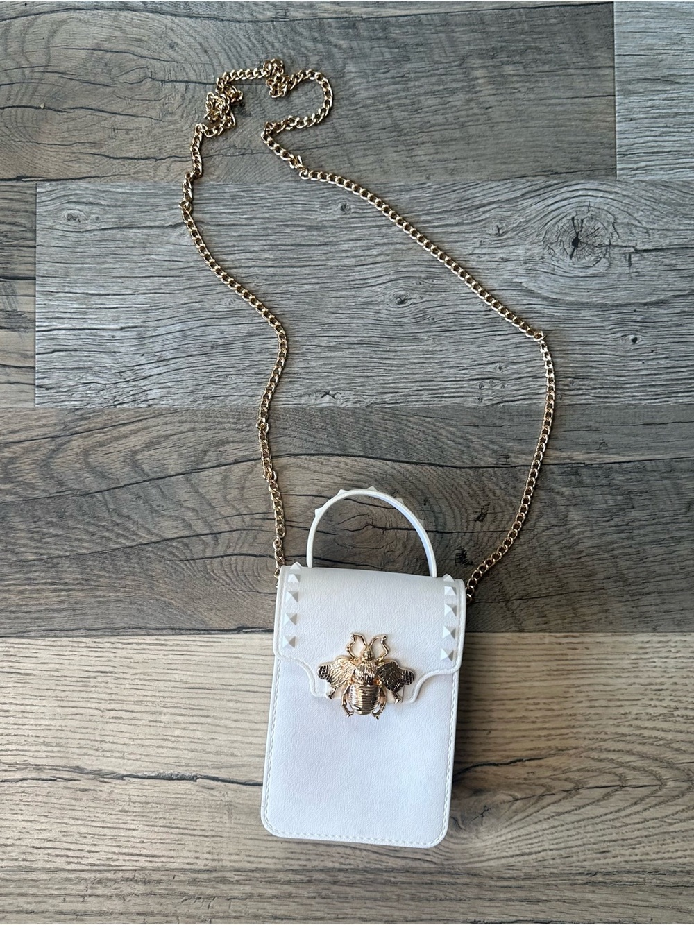 White Crossbody Phone Bag with Gold Bee Accent